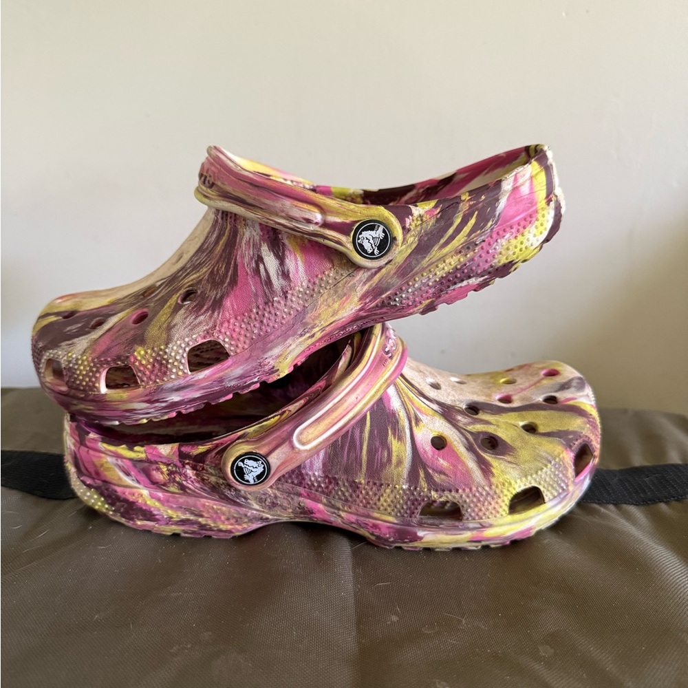 CROCS Pink and Yellow Sandals with Artistic Design